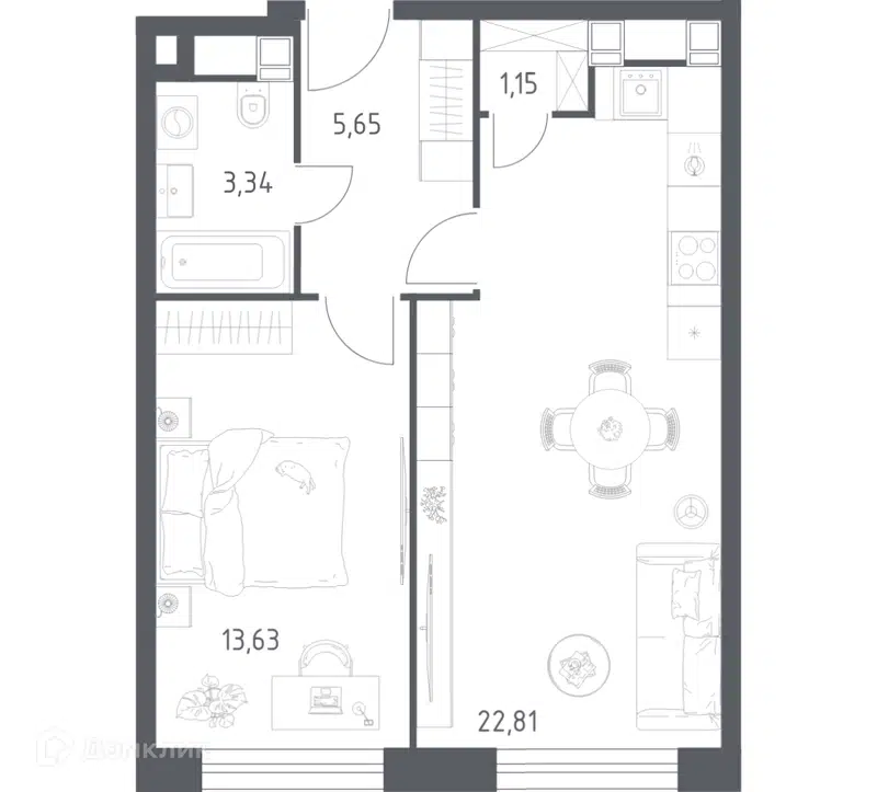 1-комнатные апартаменты 46.58 м² Пятницкое 58
