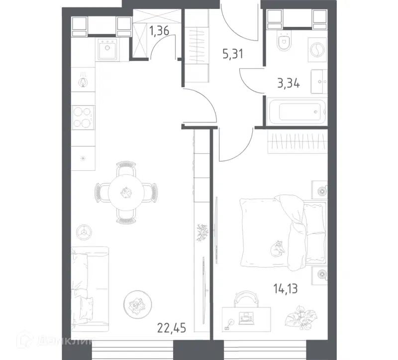 1-комнатные апартаменты 46.59 м² Пятницкое 58