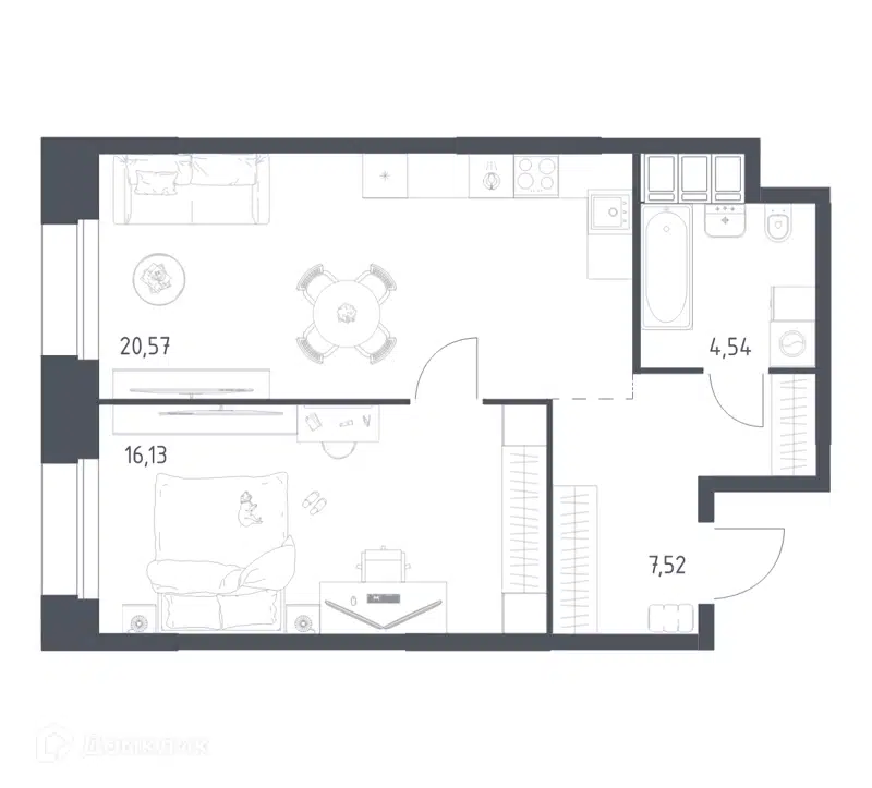 1-комнатные апартаменты 48.76 м² Тропарево Парк