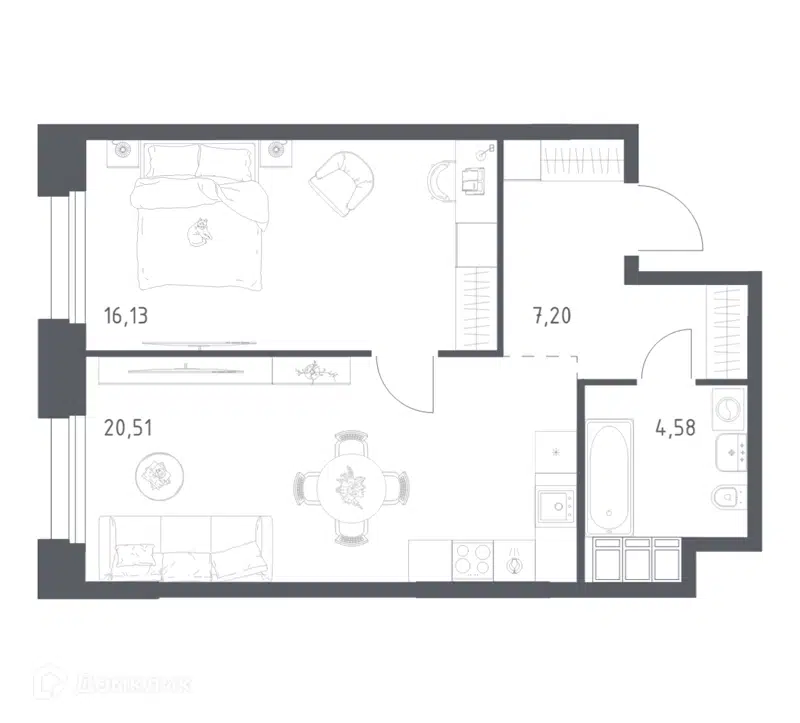 1-комнатные апартаменты 48.42 м² Тропарево Парк