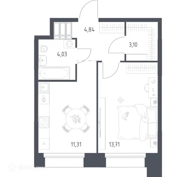 1-комнатные апартаменты 37.02 м² Тропарево Парк