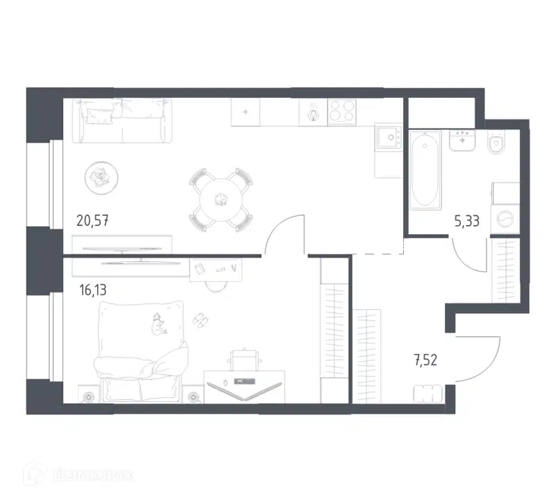 1-комнатные апартаменты 49.55 м² Тропарево Парк
