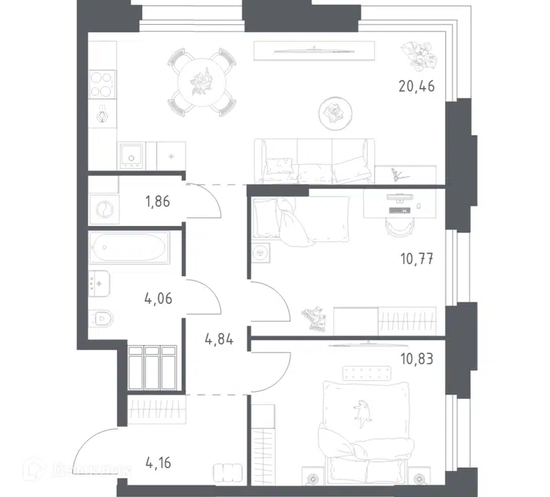 2-комнатные апартаменты 56.98 м² Тропарево Парк