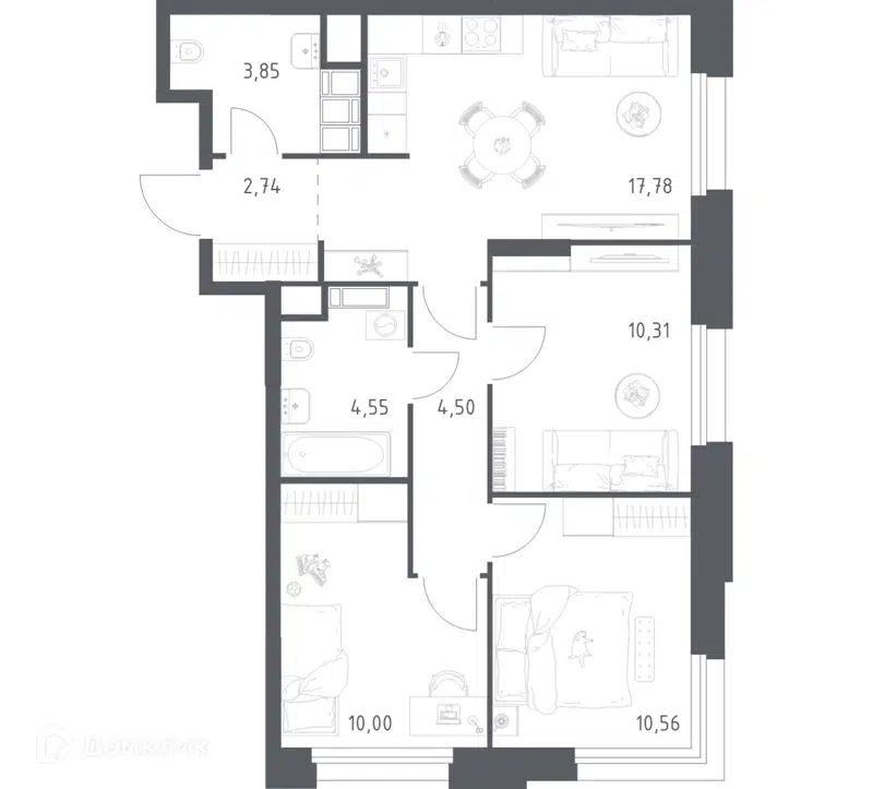 3-комнатные апартаменты 64.29 м² Тропарево Парк