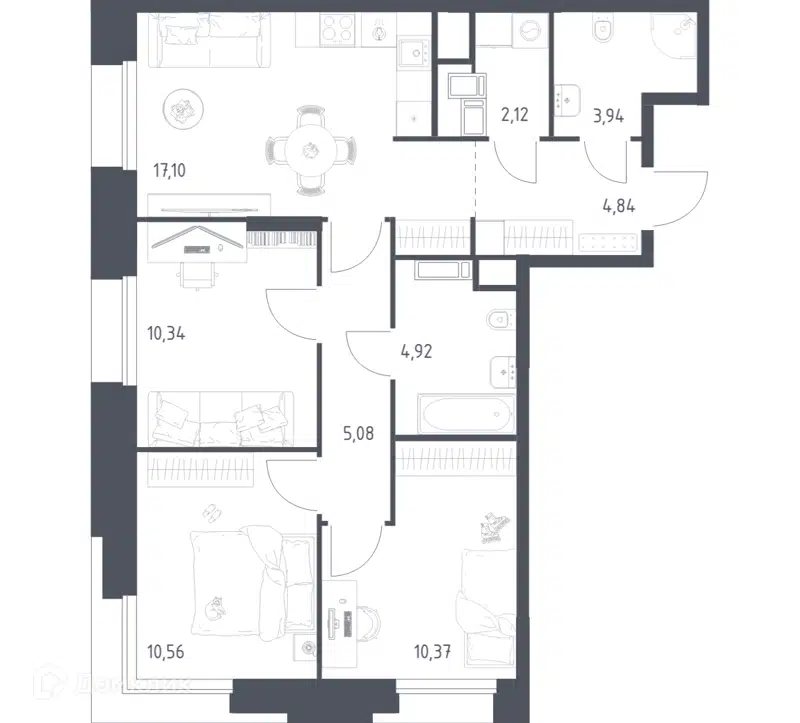 3-комнатные апартаменты 69.27 м² Тропарево Парк