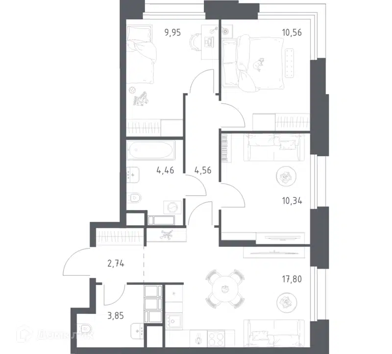 3-комнатные апартаменты 64.26 м² Тропарево Парк