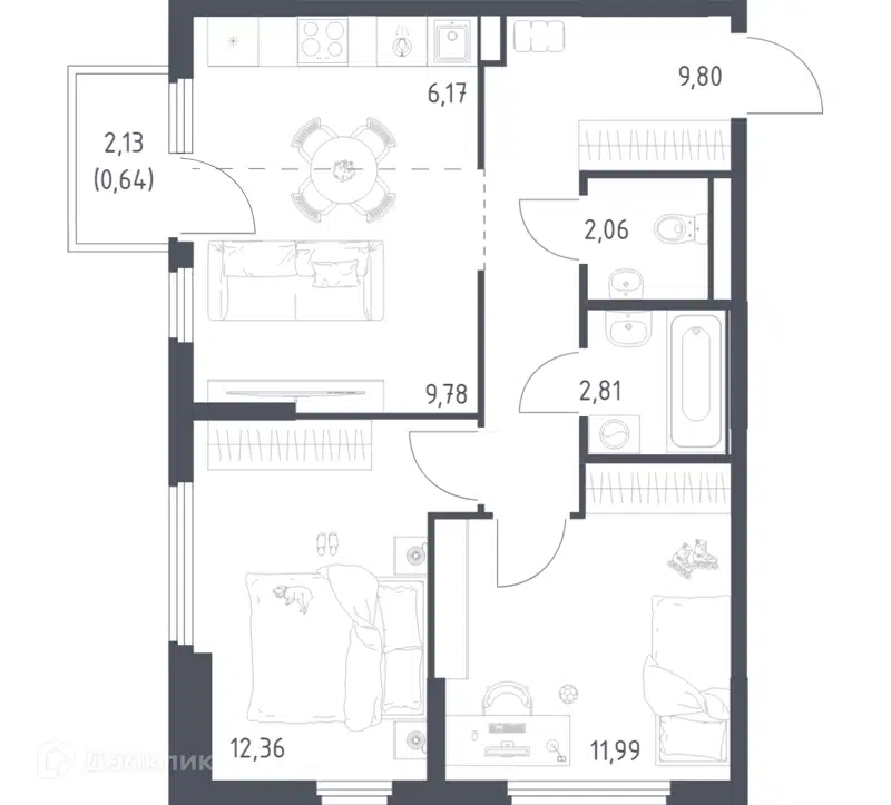 2-комнатная квартира 55.61 м² Остафьево