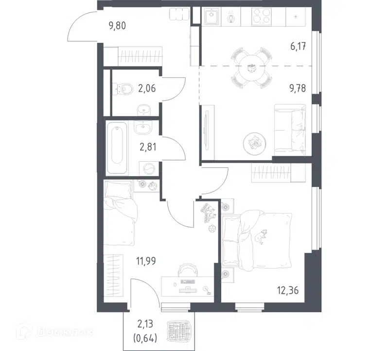 2-комнатная квартира 55.61 м² Остафьево