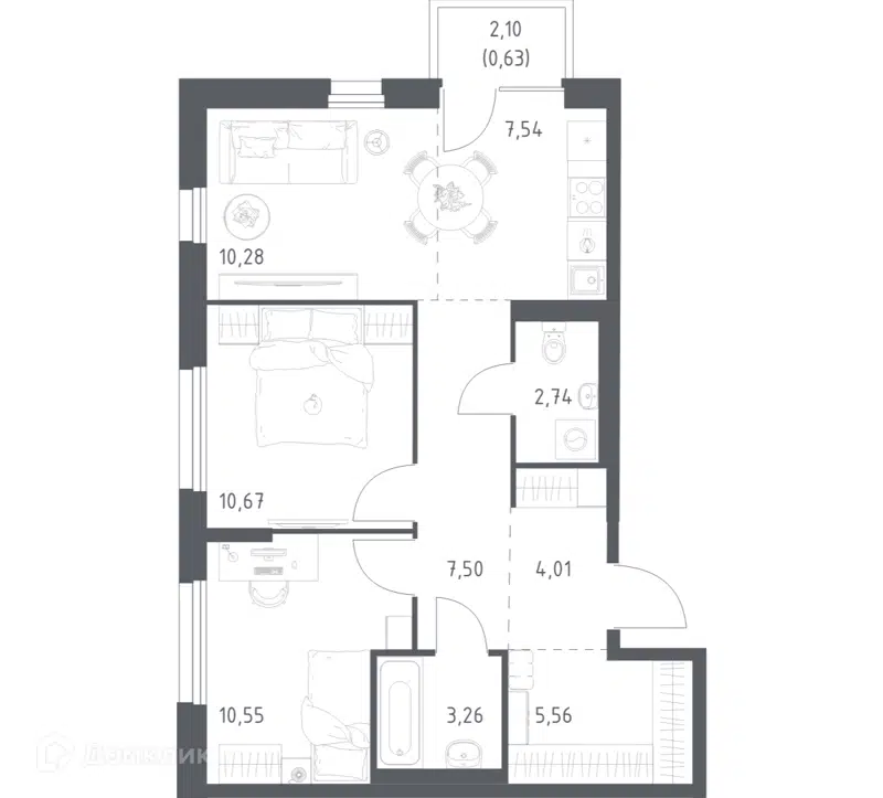 2-комнатная квартира 62.74 м² Новое Внуково