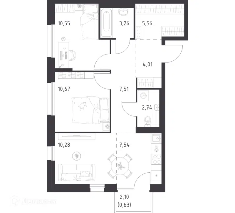 2-комнатная квартира 62.75 м² Новое Внуково