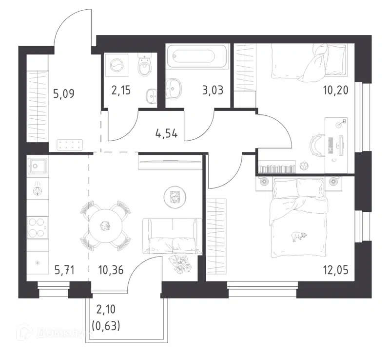 2-комнатная квартира 53.76 м² Новое Внуково
