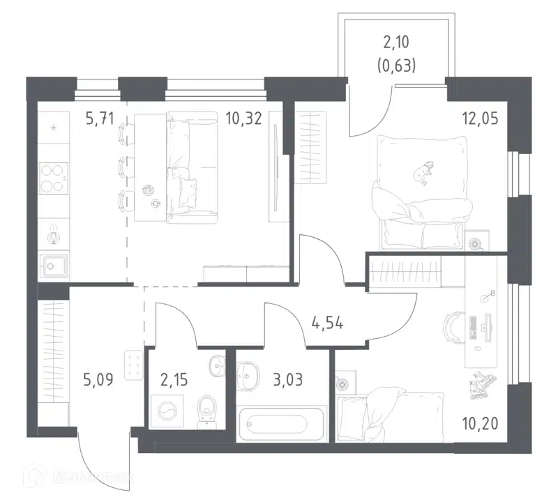 2-комнатная квартира 53.72 м² Новое Внуково