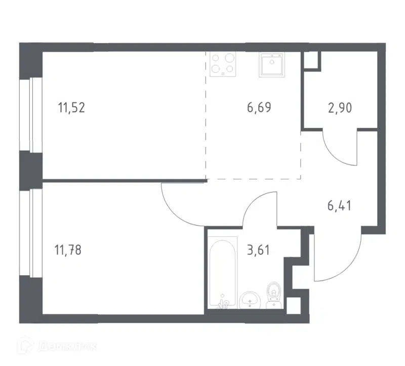 1-комнатная квартира 42.91 м² Эко Бунино