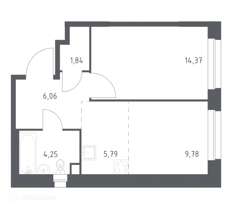 1-комнатная квартира 42.09 м² Эко Бунино