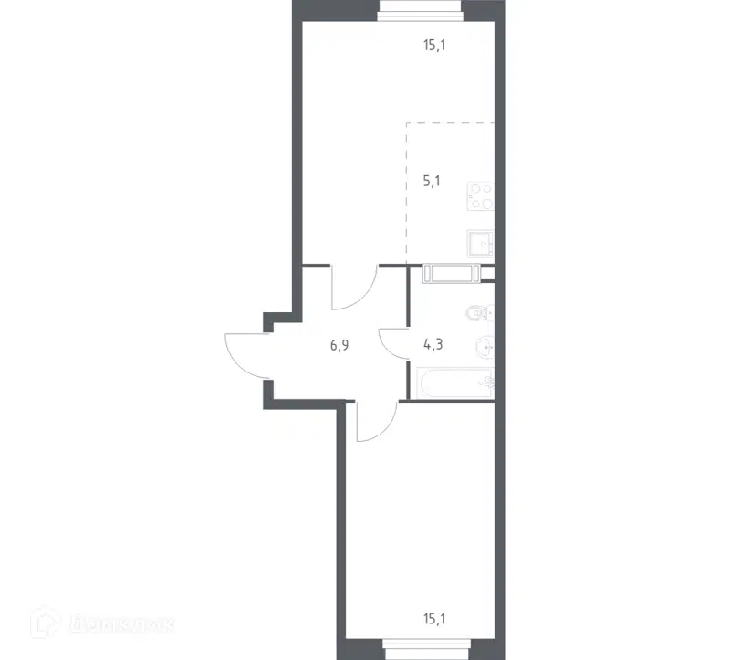 1-комнатная квартира 46.6 м² Эко Бунино