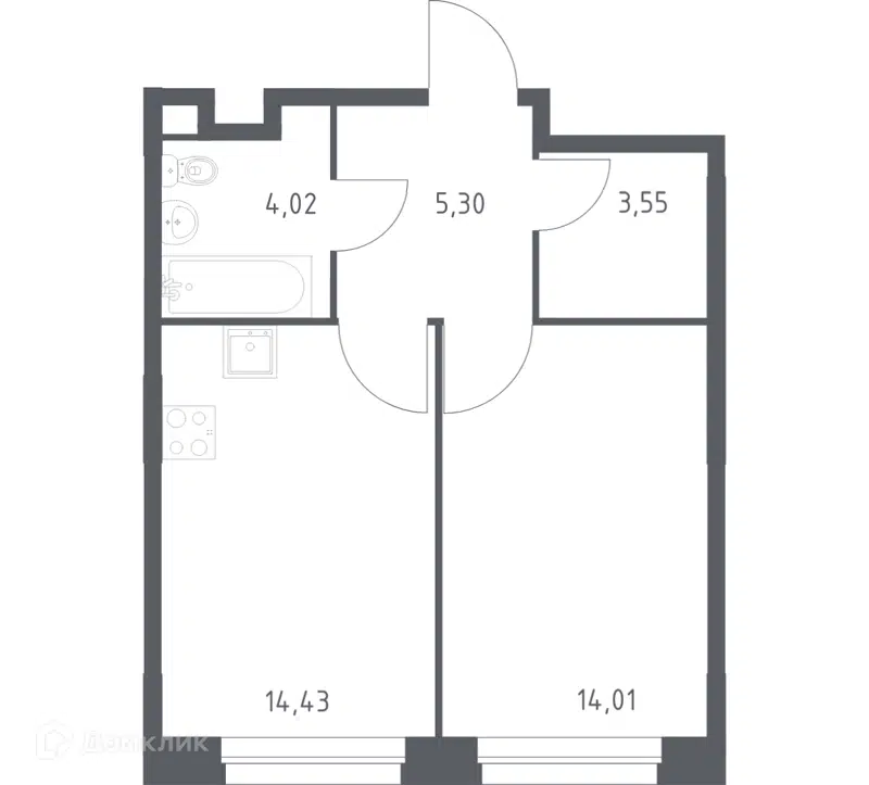 1-комнатная квартира 41.31 м² Эко Бунино