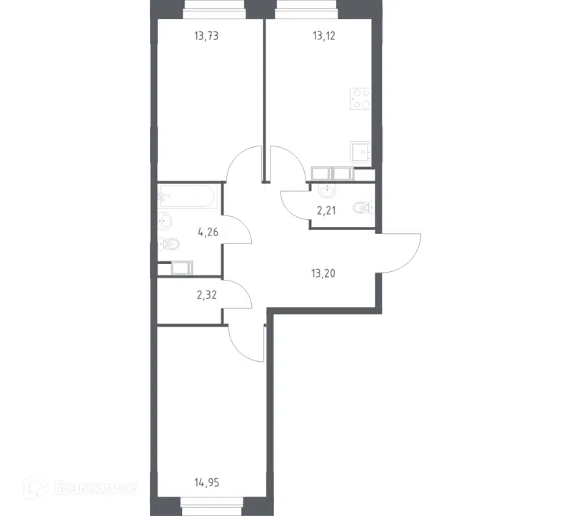 2-комнатная квартира 63.79 м² Эко Бунино