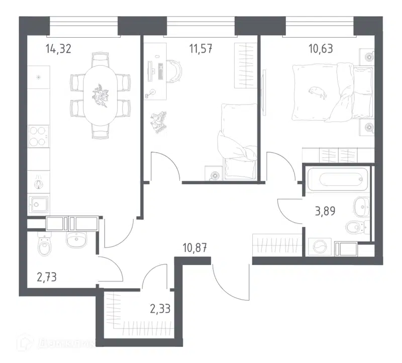 2-комнатная квартира 56.34 м² Эко Бунино