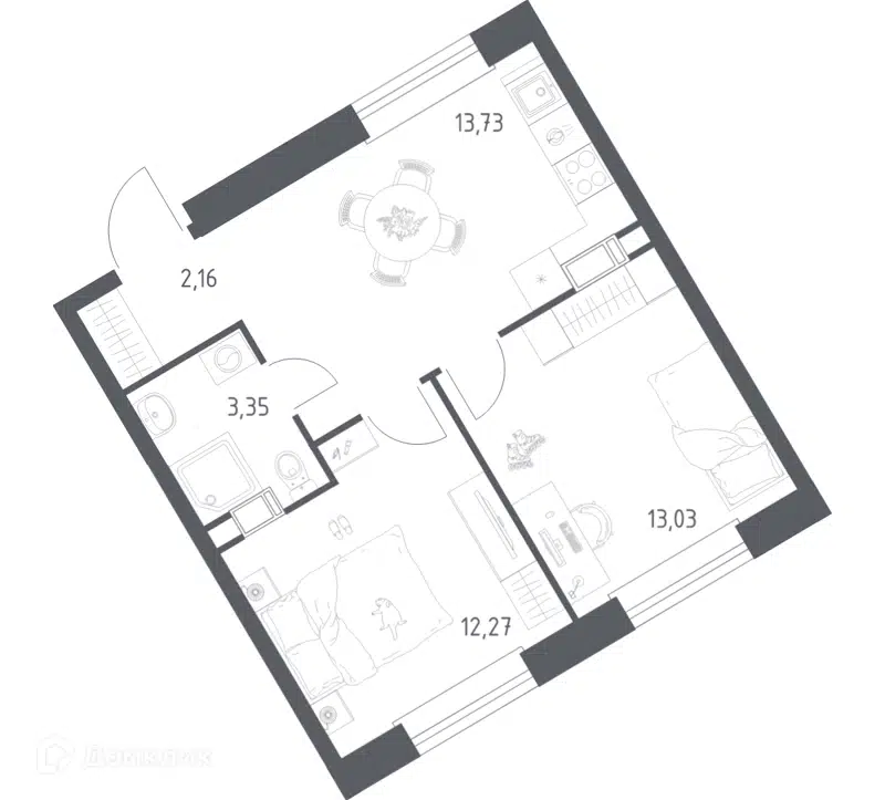 2-комнатная квартира 44.54 м² Эко Бунино