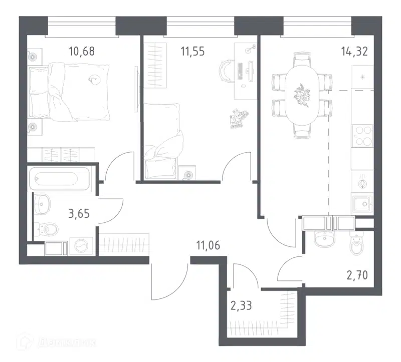 2-комнатная квартира 56.29 м² Эко Бунино