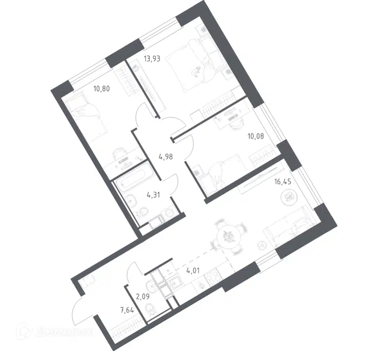 3-комнатная квартира 74.29 м² Эко Бунино