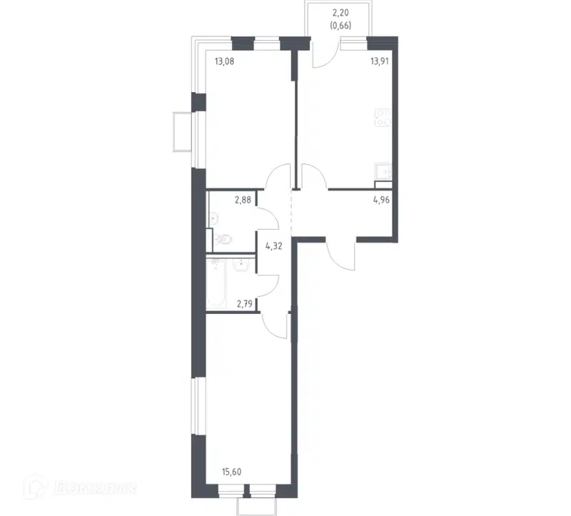 2-комнатная квартира 58.2 м² Молжаниново