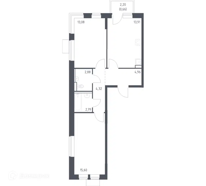 2-комнатная квартира 58.2 м² Молжаниново