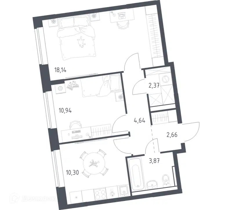 2-комнатная квартира 52.92 м² Подольские Кварталы