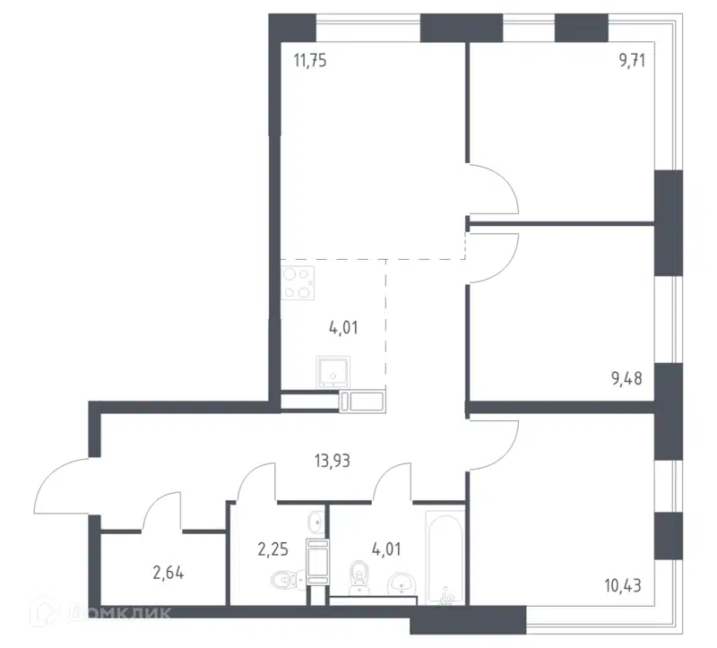 3-комнатная квартира 68.21 м² Цветочные Поляны