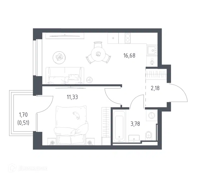 1-комнатная квартира 34.48 м² Литературный квартал