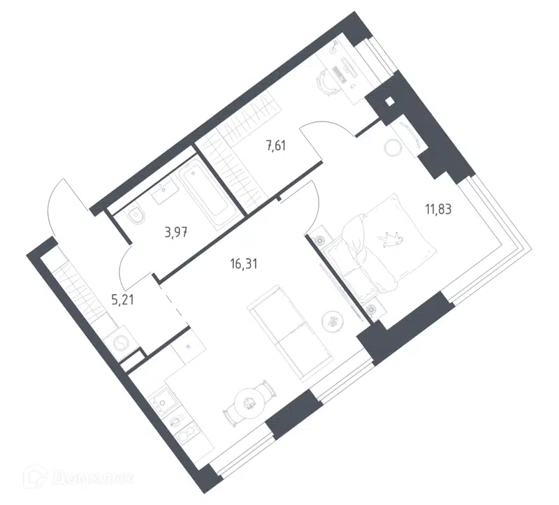 1-комнатная квартира 44.93 м² Литературный квартал