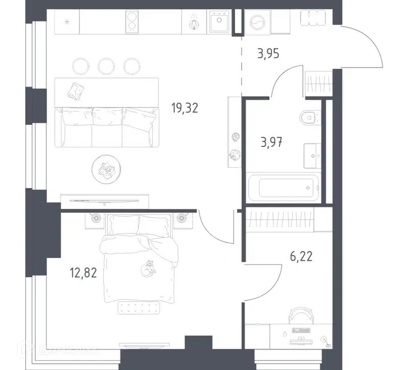 1-комнатная квартира 46.28 м² Литературный квартал