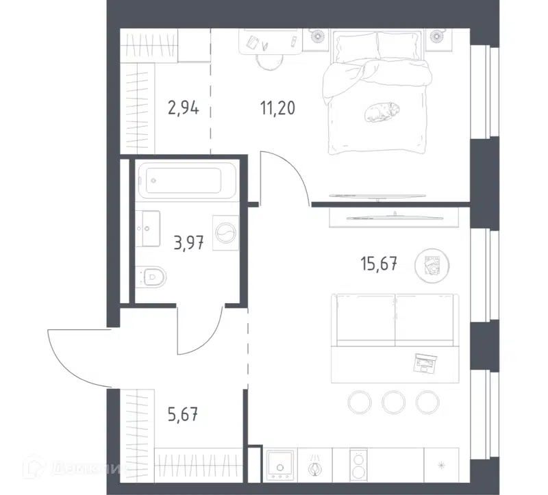 1-комнатная квартира 39.45 м² Литературный квартал