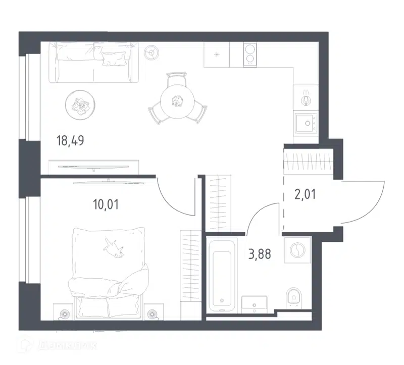 1-комнатная квартира 34.39 м² Литературный квартал