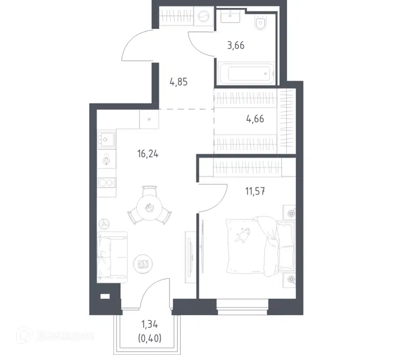 1-комнатная квартира 41.38 м² Литературный квартал