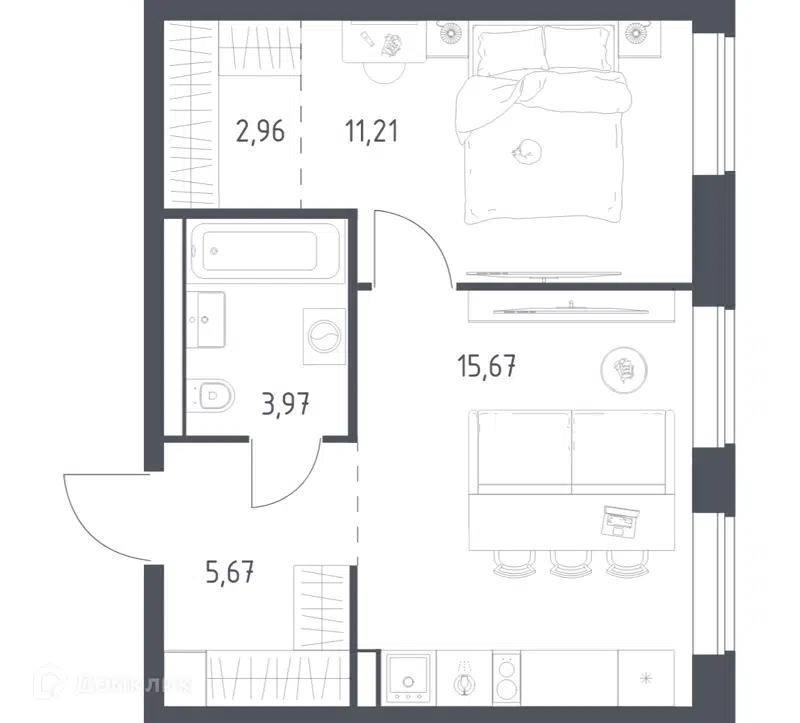 1-комнатная квартира 39.48 м² Литературный квартал