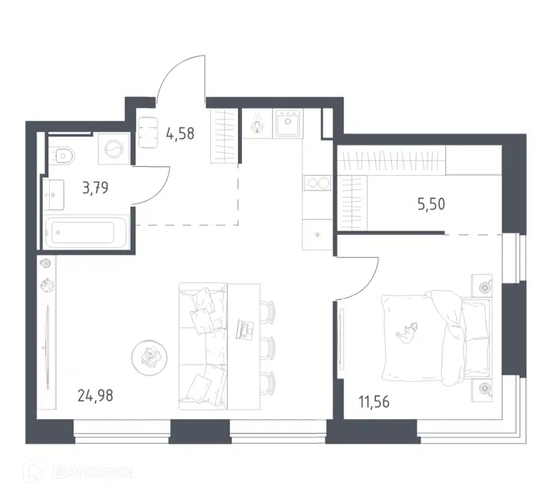 1-комнатная квартира 50.41 м² Литературный квартал