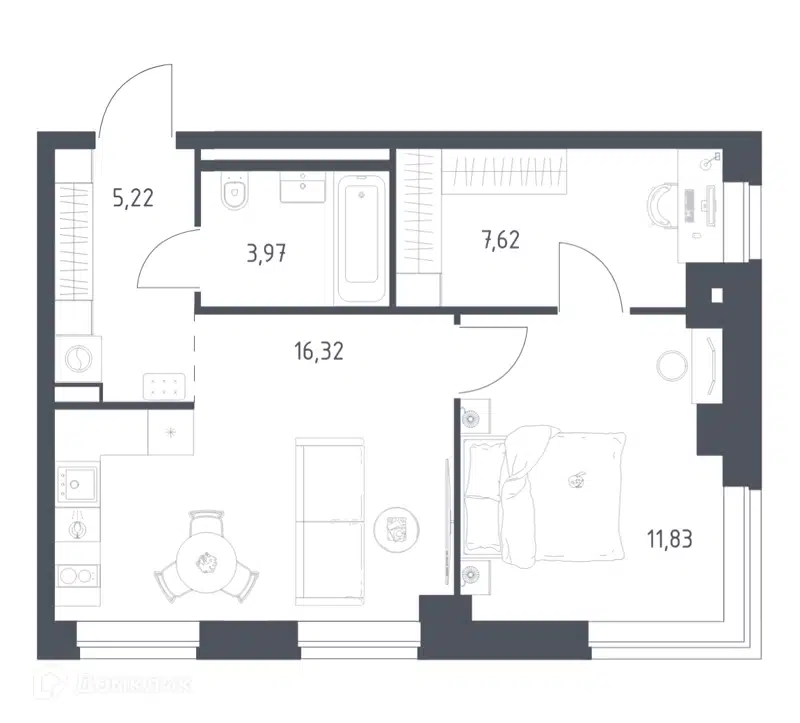 1-комнатная квартира 44.96 м² Литературный квартал