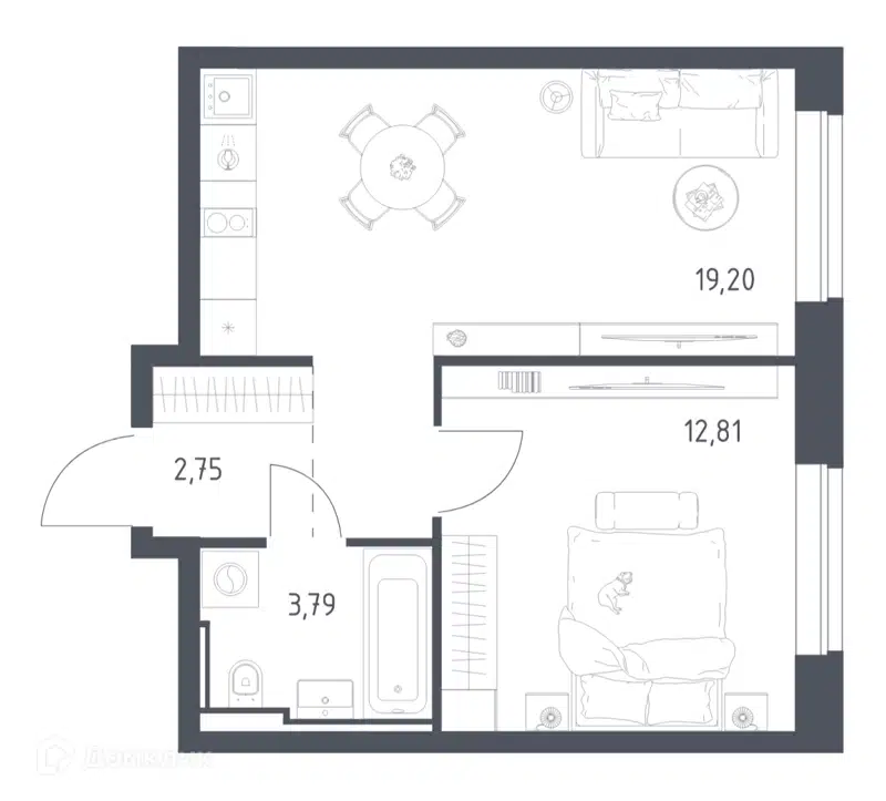 1-комнатная квартира 38.55 м² Литературный квартал