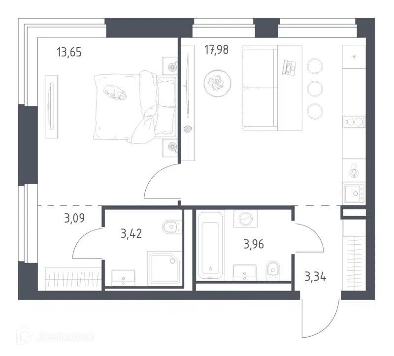 1-комнатная квартира 45.44 м² Литературный квартал