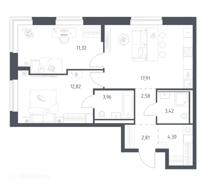2-комнатная квартира 59.12 м² Литературный квартал