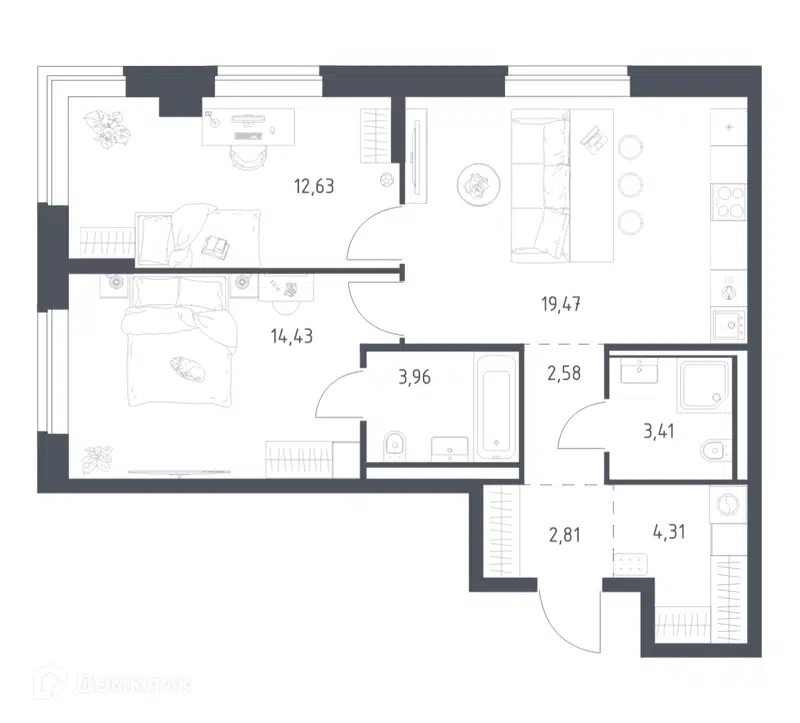 2-комнатная квартира 63.6 м² Литературный квартал