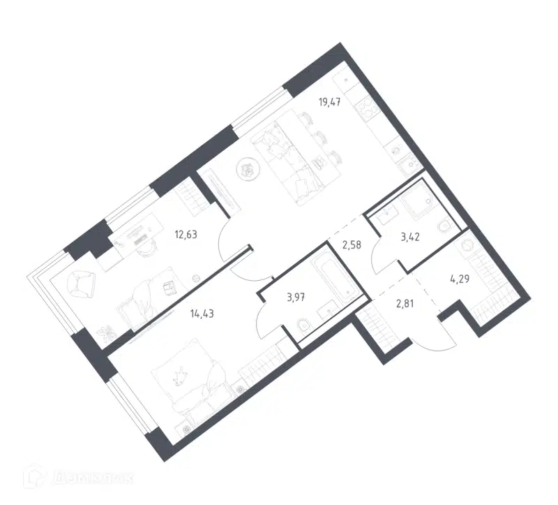 2-комнатная квартира 63.6 м² Литературный квартал