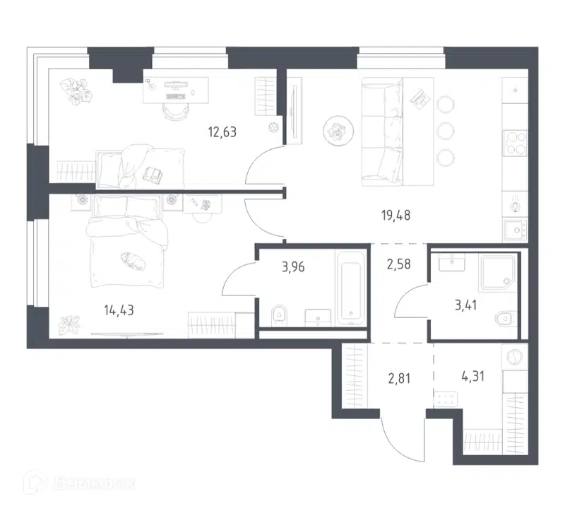 2-комнатная квартира 63.61 м² Литературный квартал
