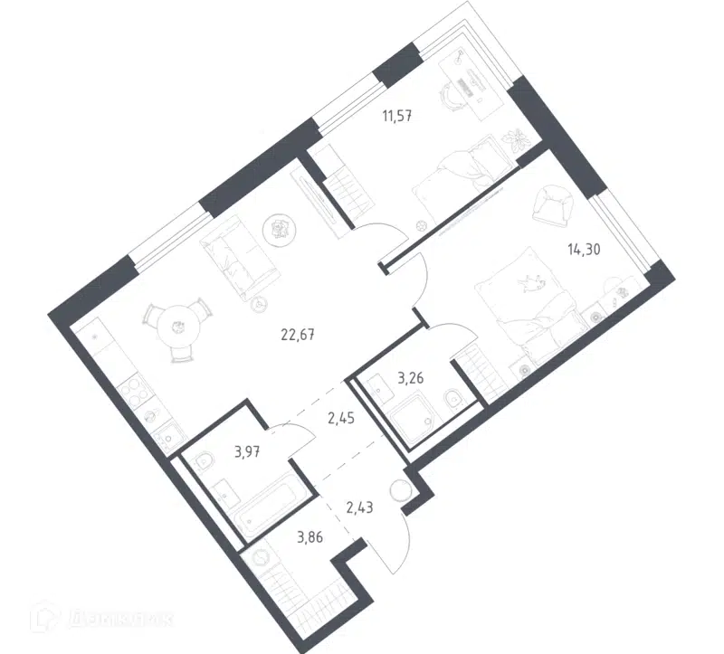 2-комнатная квартира 64.51 м² Литературный квартал