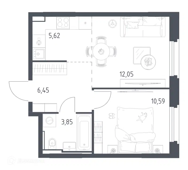 1-комнатная квартира 38.56 м² Квартал Строгино