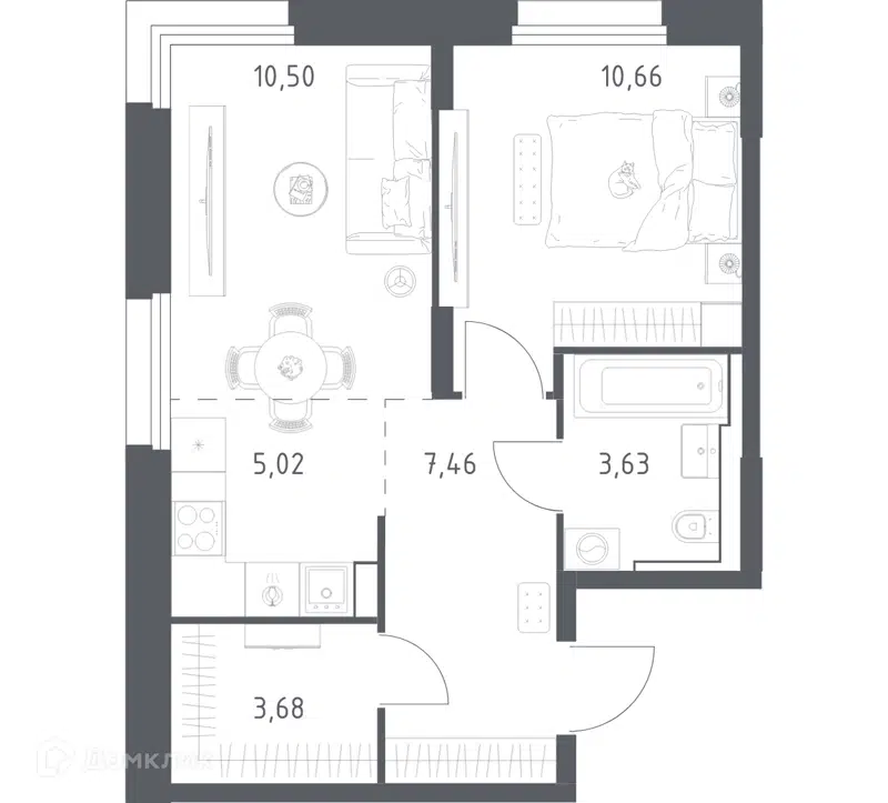 1-комнатная квартира 41 м² Квартал Строгино