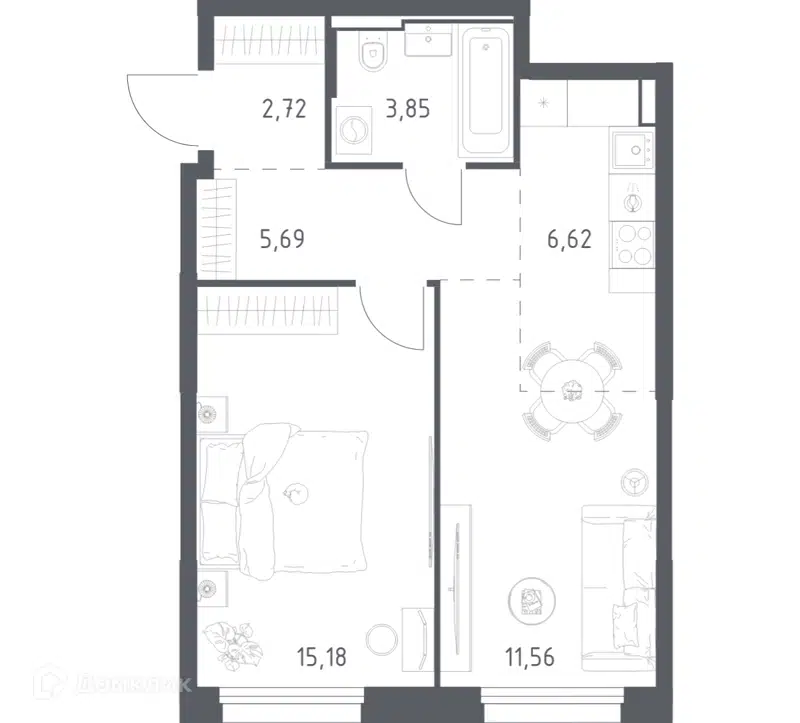 1-комнатная квартира 45.62 м² Квартал Строгино