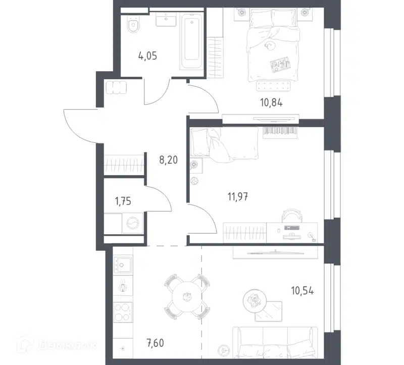 2-комнатная квартира 54.95 м² Квартал Строгино