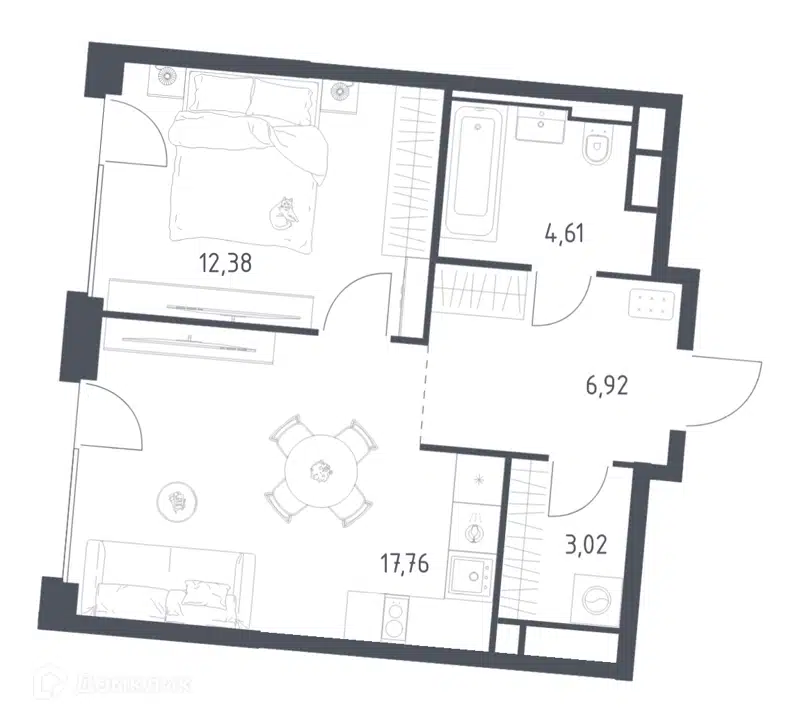 1-комнатная квартира 44.69 м² Квартал на воде